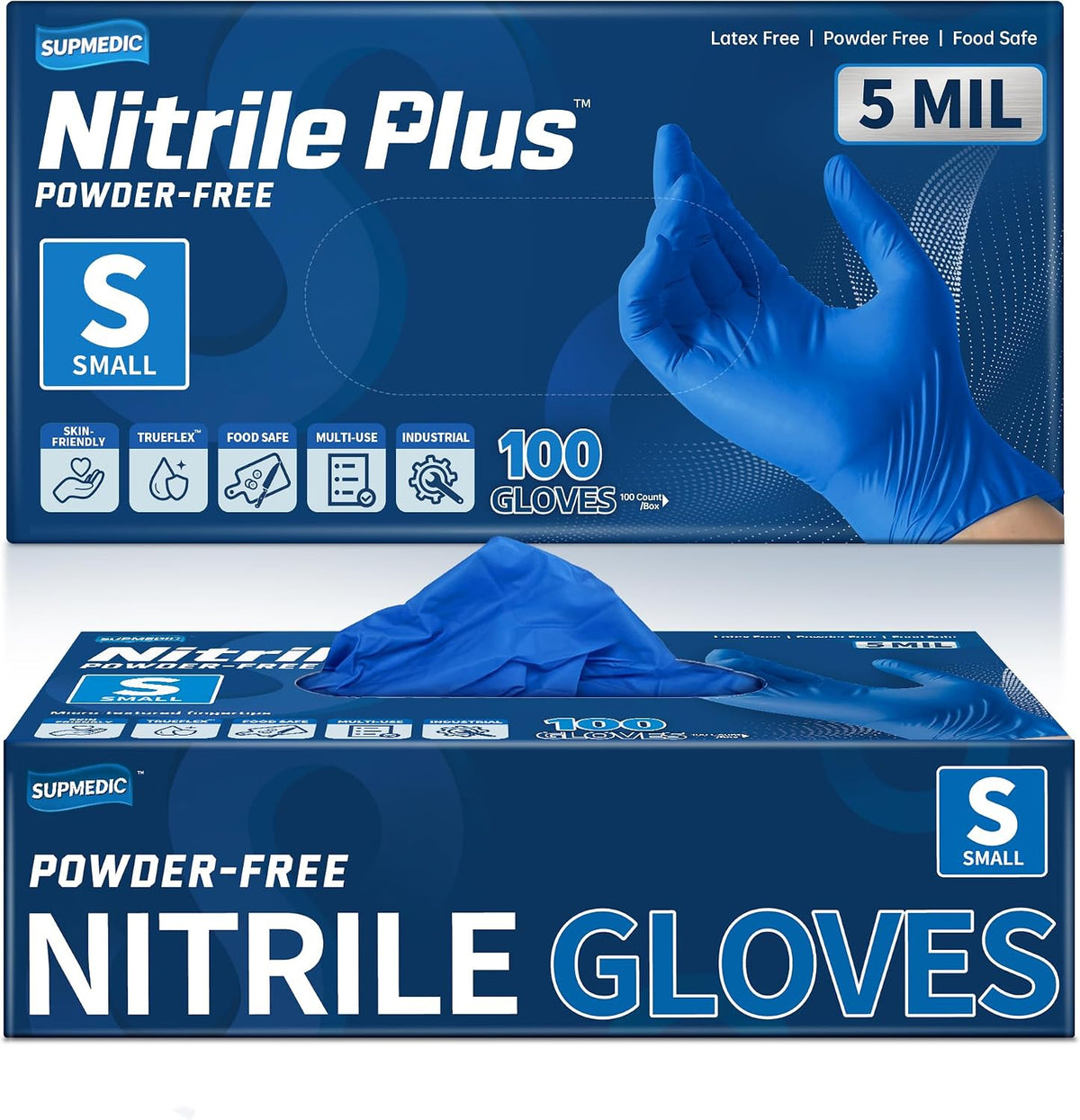 Supmedic Nitrile+ Disposable Gloves, 5 Mil Latex & Powder-Free Glove 100 Ct