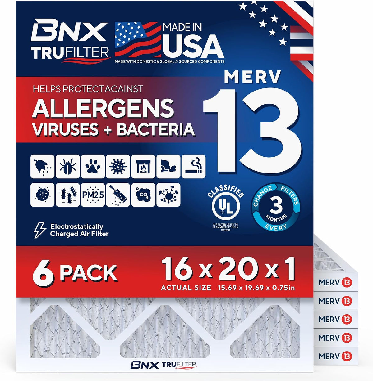 BNX TruFilter 20x20x1 Air Filter MERV 13 AC Filter, HVAC Furnace Filter, 6 Pack (ACTUAL SIZE 19.69"x19.69"x0.75") Allergies, Dust, Pet Dander & Smoke - MADE IN USA - MPR1500 / FPR 10