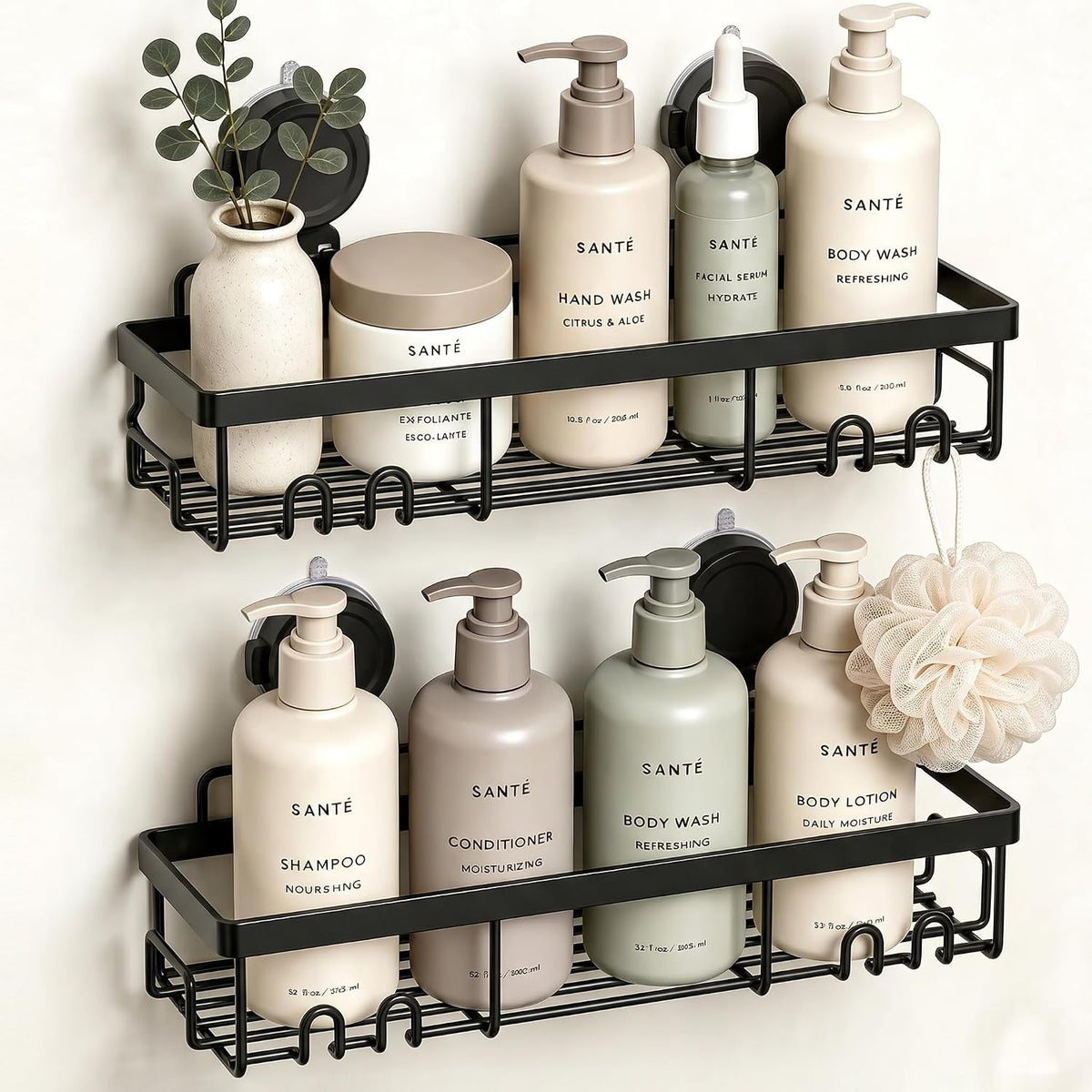 Moforoco Shower Caddy Shelf Organizer Rack, Self Adhesive Black Bathroom Shelves Basket, Home Farmhouse Wall Inside Organization and Storage Decor Rv Accessories, First Camper Apartment Essentials