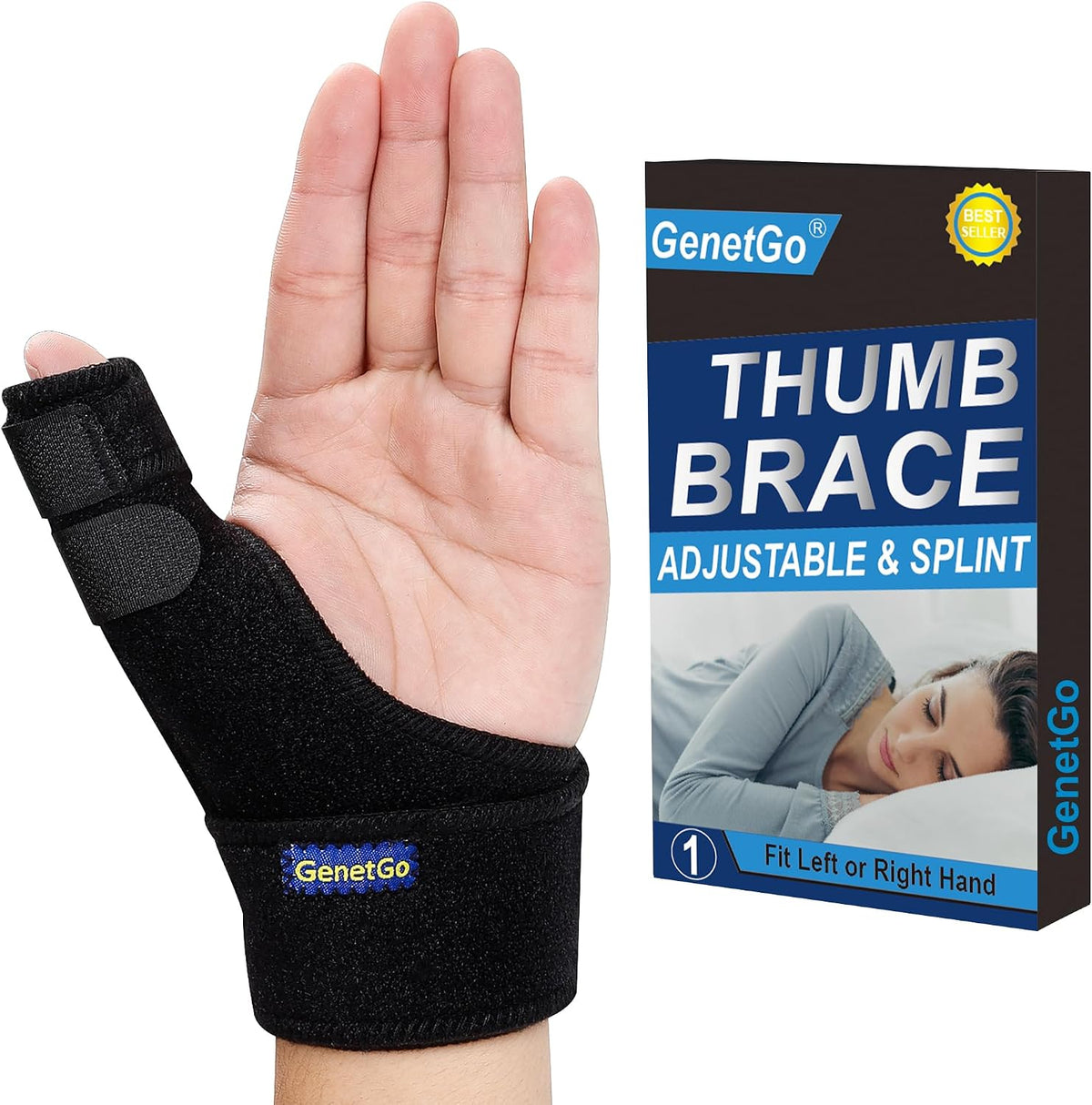 GenetGo Trigger Thumb Splint - Thumb Spica Support Brace Stabilizer for Pain, Sprains, Arthritis, Tendonitis (Right Hand or Left Hand) (Black)