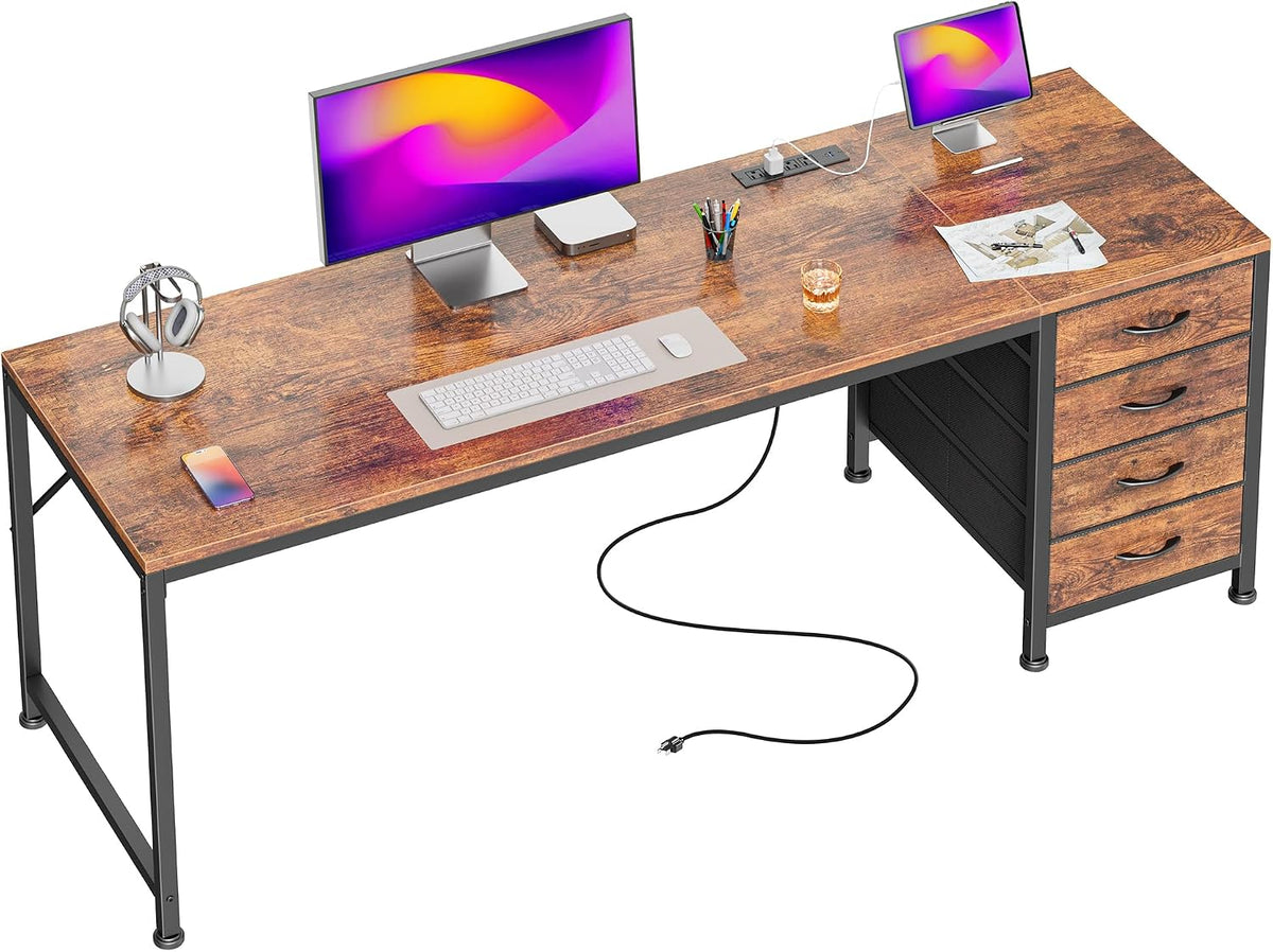 PRAISUN 55.1 Inch Computer Office Desk with Power Outelts and USB-C Port, Reversible Gaming Desk with 4 Fabric Drawers, Work Study Desk Work from Home, Rustic Brown