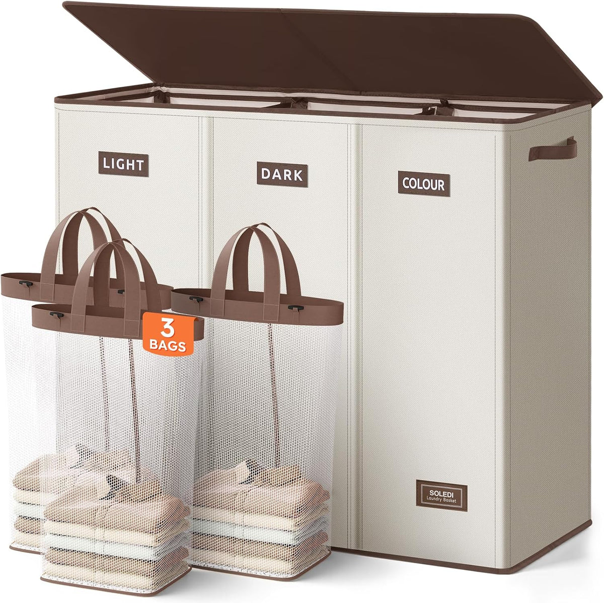 SOLEDI Large Laundry hamper 3 Section with Laundry Bag, XL Clothes Basket