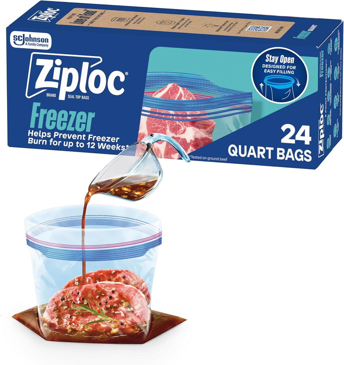 Ziploc Quart Freezer Bags, Food Storage, Stand-Up Bottom, 60 Count