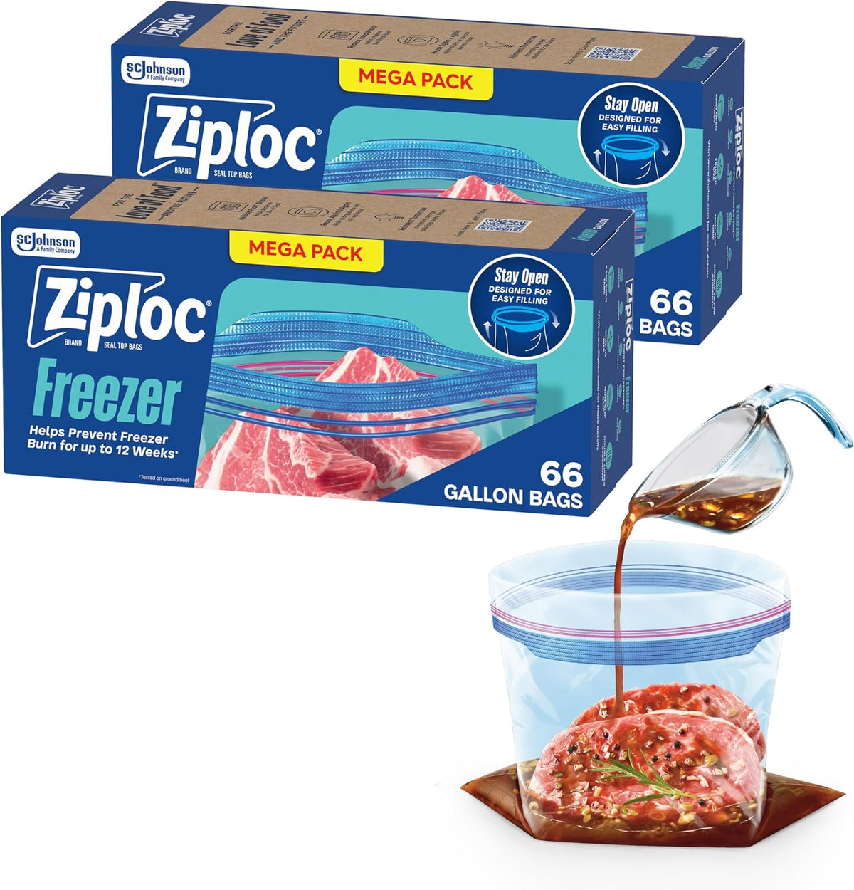 Ziploc Gallon Freezer Bags, Food Storage, Stand-Up Bottom, 66 Count