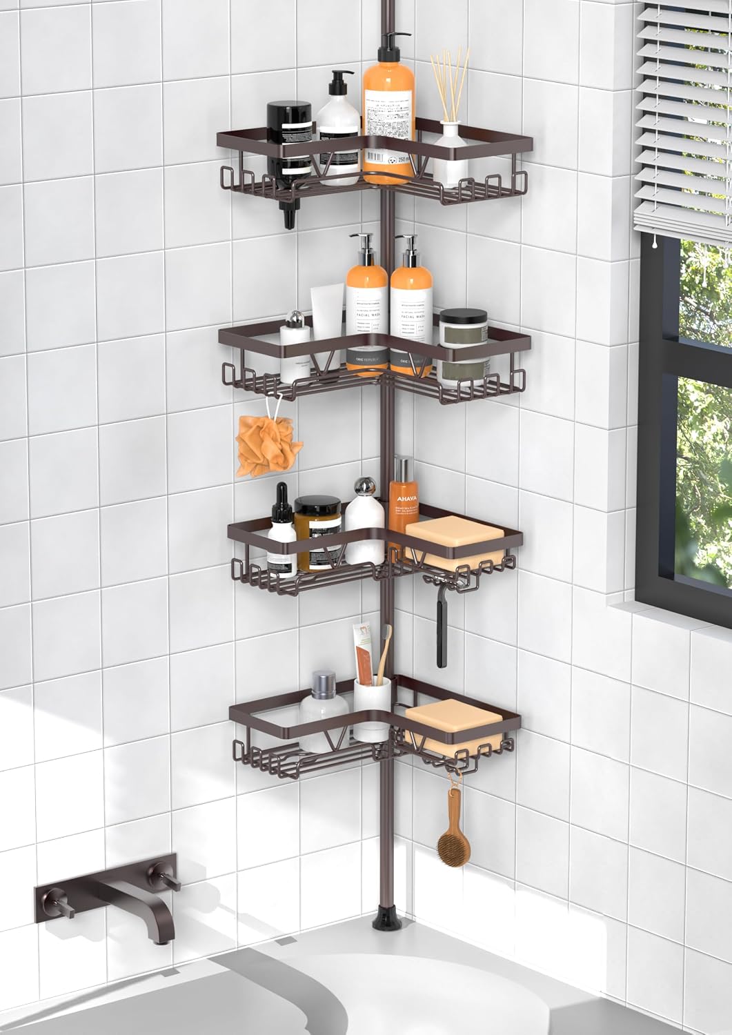KEGII Corner Shower Caddy Tension Pole, Large Capacity Bathroom Organizer
