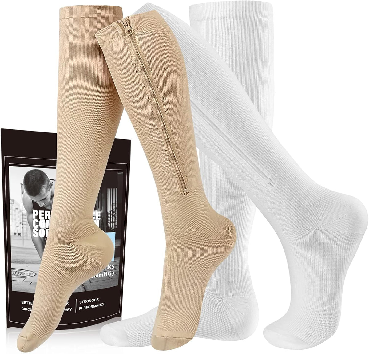 cerpite Zipper Compression Socks, 2 Pairs 15-20 mmHg Closed Toe Compression Stockings for Men Women