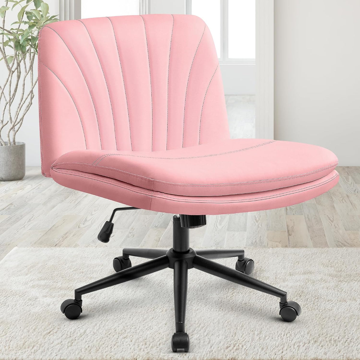 Orange Factory Criss Cross Chair, Wide Fabric Vanity Desk Seat, Beige Wheel