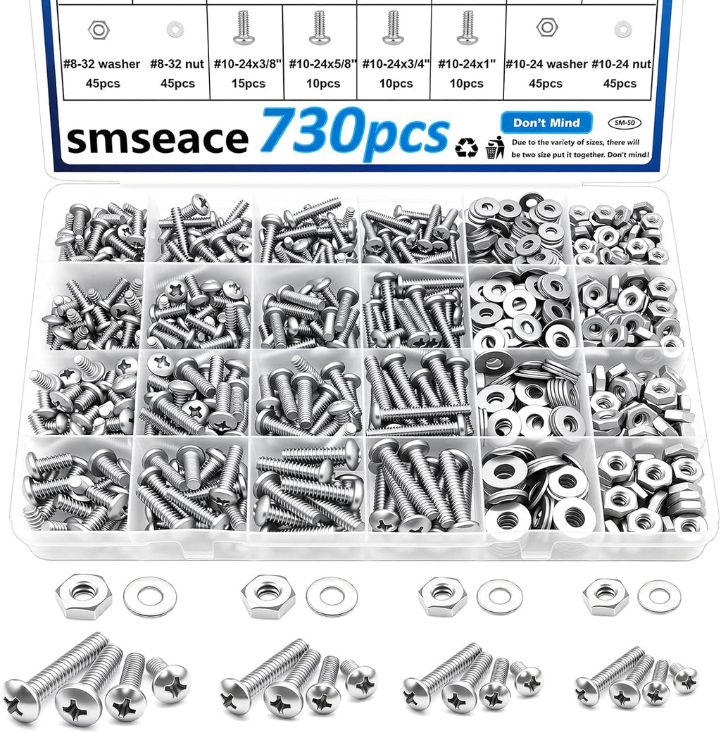 smseace 516Pcs Nuts and Bolts Assortment Kit 21-Sizes M3/M4/M5/M6 Nut Bolt Washer Assortment Kit for Machinery, Furniture, Automotive, Motorcycle Repairs