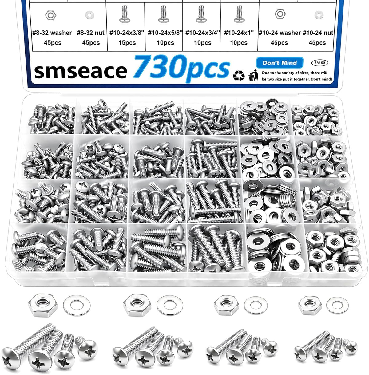 smseace 516Pcs Nuts and Bolts Assortment Kit 21-Sizes M3/M4/M5/M6 Nut Bolt Washer Assortment Kit for Machinery, Furniture, Automotive, Motorcycle Repairs