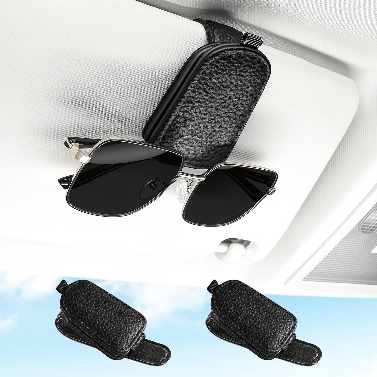 SINGARO 2PCS Sunglasses Holder for Car, Leather Magnetic Buckle Sun Visor Sunglass Clip, Ticket Card Storage Glasses Clip, Car Interior Accessories for Men and Women（Black）