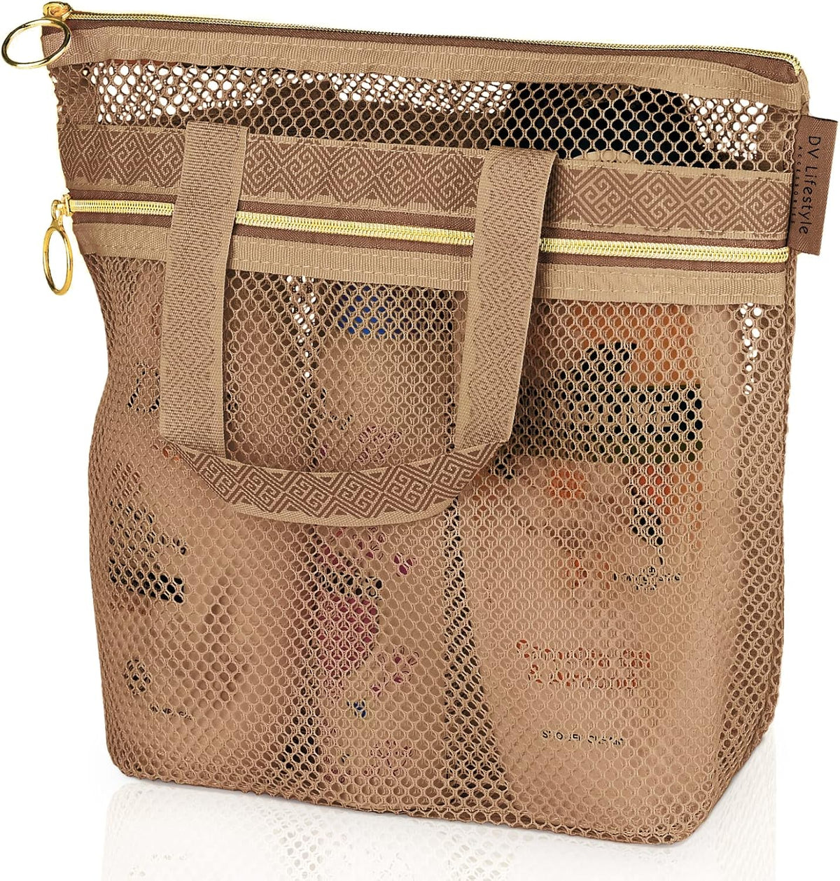 DV Lifestyle Mesh Shower Bag 10.2x9.9'' Quick-Dry Caddy with Zipper & 2 Pockets. Portable Toiletry Tote for Bathroom, Gym, Travel, Camp, Beach, for Sunscreen, Dorm & College Essentials (Black)