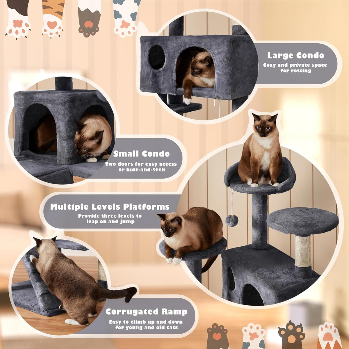 Yaheetech 54in Cat Tree Tower, 2 Caves, Kitten-Ear Perch & Scratching Posts