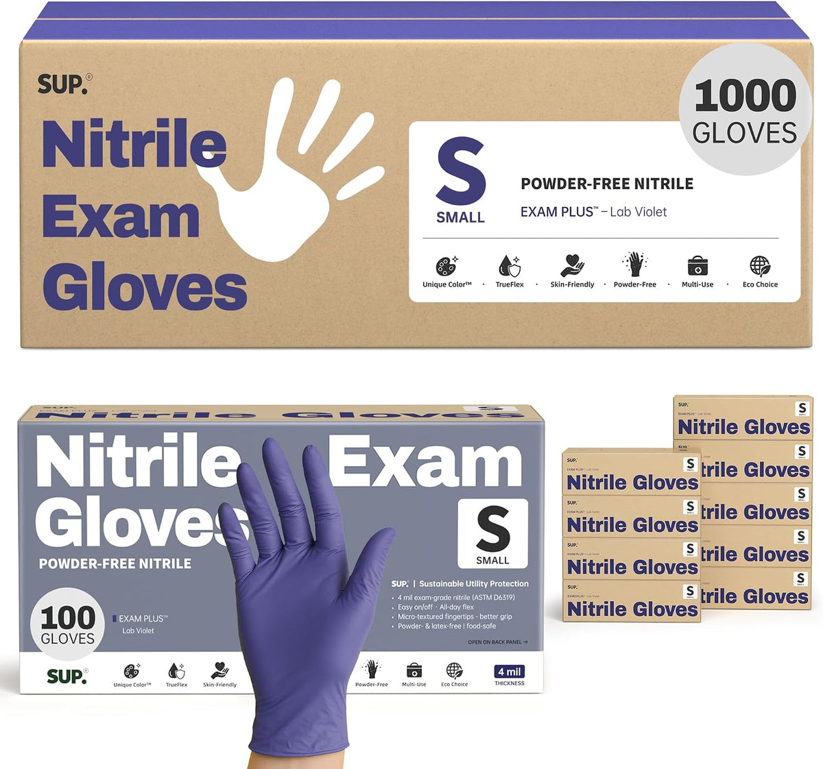 SUP Powder-Free Nitrile Exam Gloves, 100/1000 Ct Food Safe Latex-Free Medical Cooking Cleaning Disposable Glove, Blue Violet