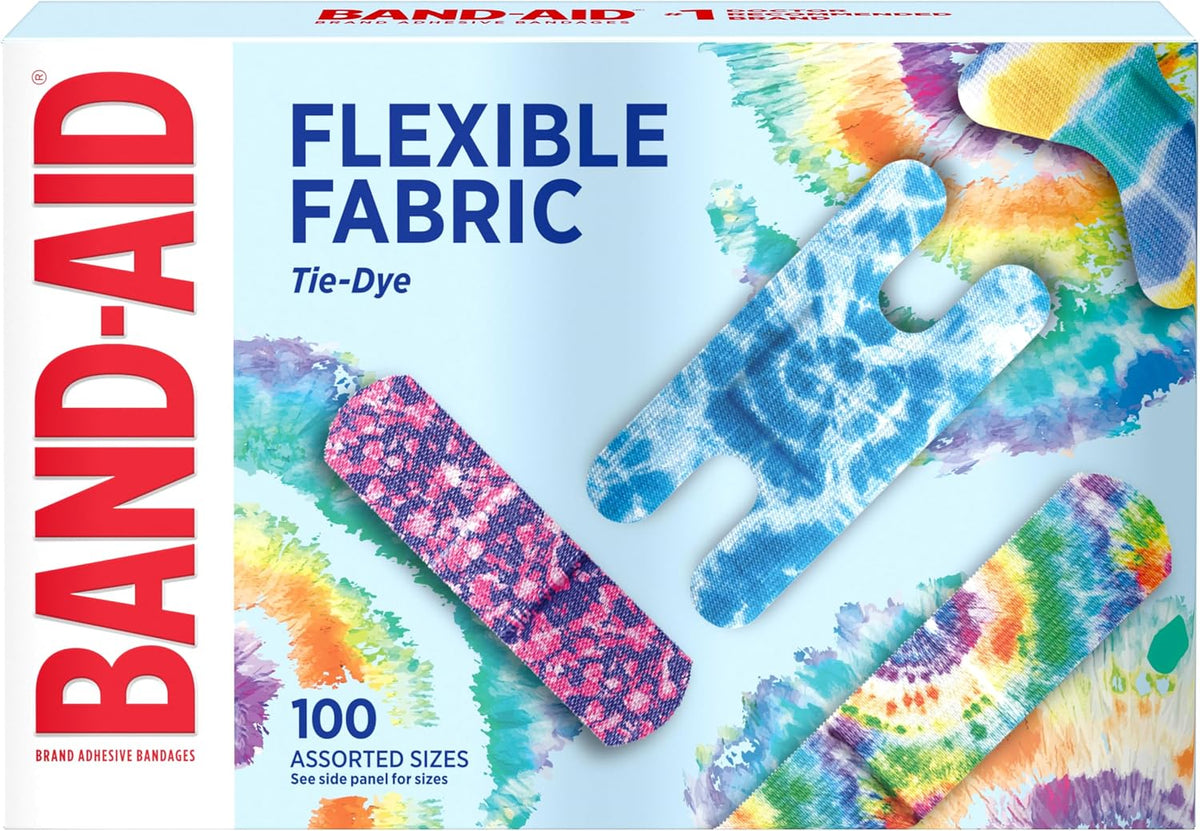 BAND-AID Brand Flexible Fabric Adhesive Bandages, Tie-Dye Designs, 100 Ct