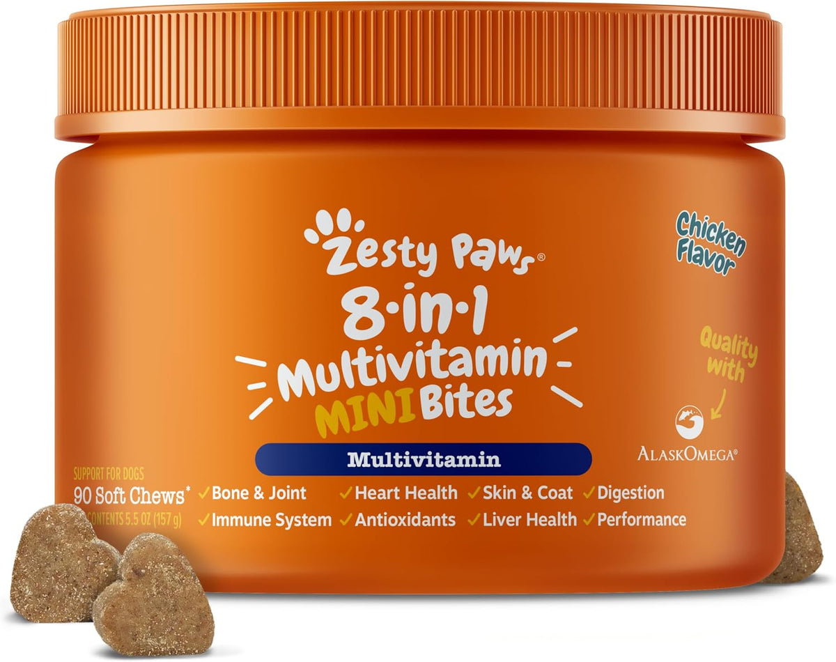 Zesty Paws Dog Multivitamin, Chewable Dog Vitamins and Supplements for Hip & Joints, Skin & Coat, Omega 3 Fish Oil for Dogs- Senior & Puppy Multivitamin- Chicken- 90ct
