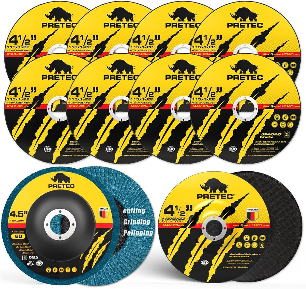 26 Packs Angle Grinder Cutting Flap Grinding Disc Wheel 4 1/2in Inches - 20 Packs 4.5"x1/4"x7/8" Cut off Wheels,3 Packs 4.5"x7/8" 60 Grit Flap Discs, 3 Packs 4.5"x1/25"x7/8" Grinding Wheels