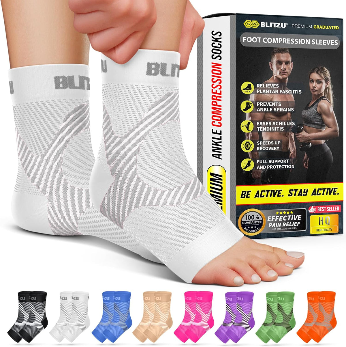 BLITZU Compression Socks for Plantar Fasciitis, Foot, Arch & Ankle Support