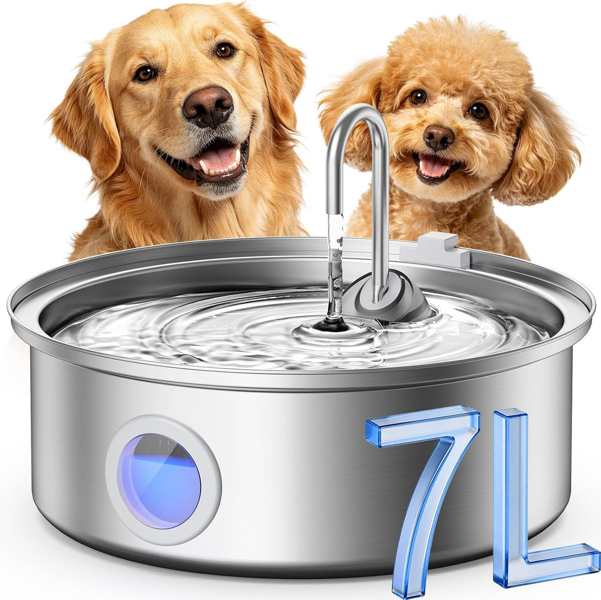 oneisall 7L/230oz Dog Water Fountain for Multi-pet Household,PWF002 | 25db Quiet Design,304 Stainless Steel,Contain 3 Set Filters,Visual Water,5-Layer Filtration,Fit for Living Room Kitchen