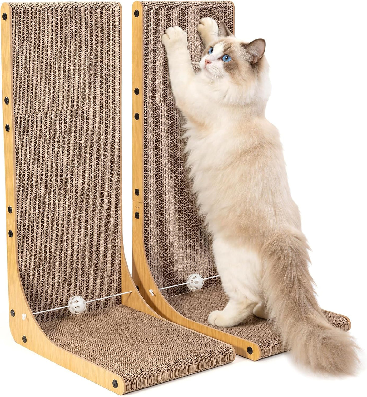 Value 2-Pack 23.6 Inch L-Shaped Cardboard Cat Scratcher, Dual Use (Vert/Horiz) Scratch Pad with Toy Balls, Wall-Mountable Furniture Protector Cat Scratchers for Indoor Cats