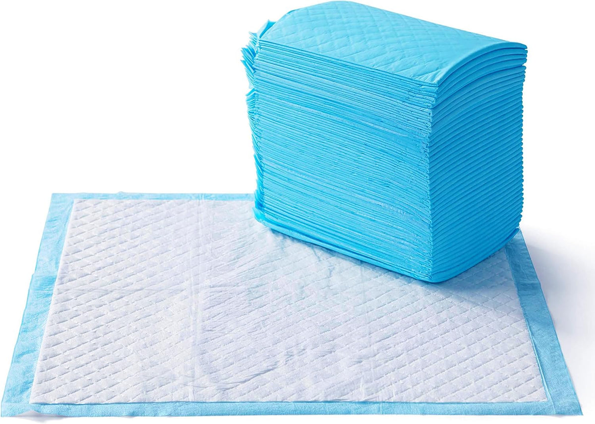 Amazon Basics X-Large Heavy Duty Absorbent Puppy Potty Pads, Leak-Proof, Quick-Dry, Super Absorbent Gel Technology for Dog Training, 28 x 34 Inches, Blue & White, Pack of 50
