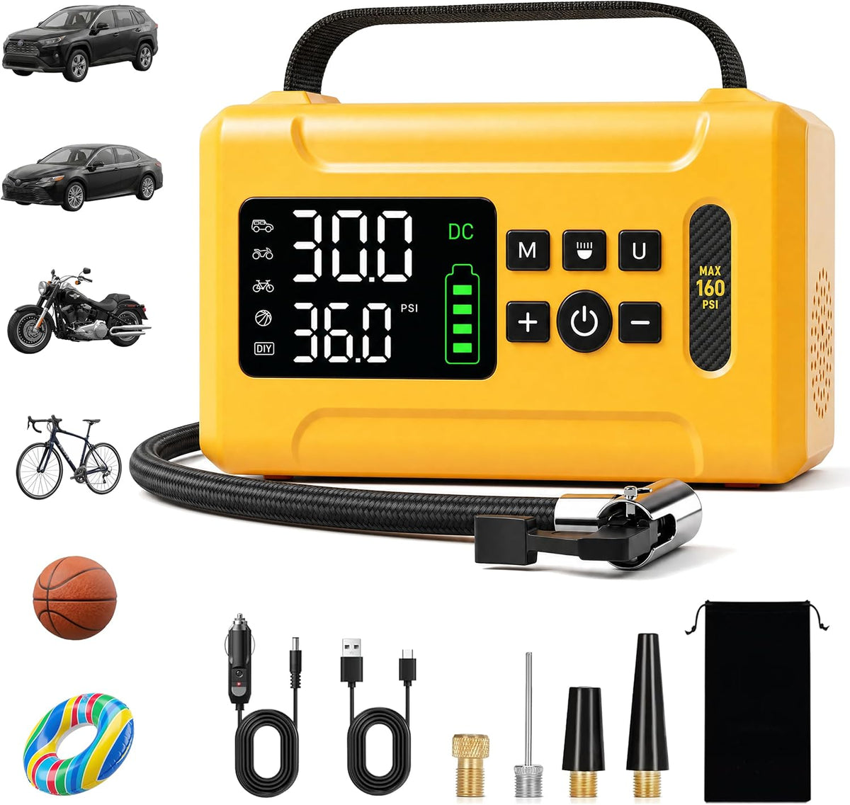 Tire Inflator Portable Air Compressor 160 PSI Air Pump for Car Tires 8000 mAh & 12V DC Powered Fast 30L/min, Digital Tire Pressure Gauge, LED Lights, 5 Modes Auto Shut-off (Yellow, 8000 mAh)