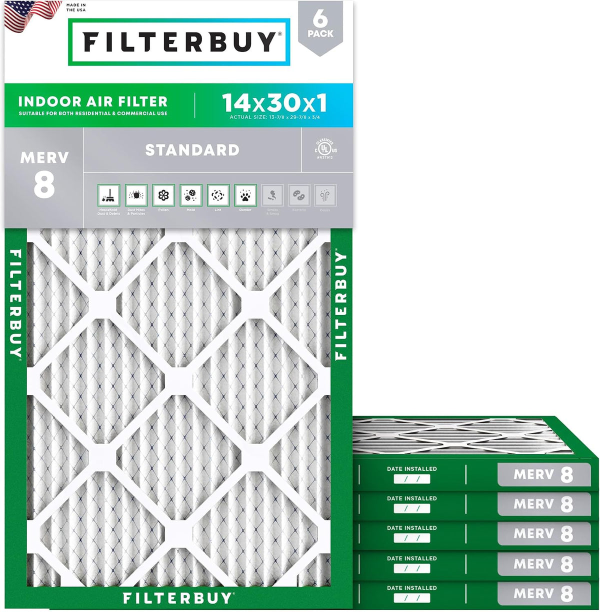 Filterbuy 16x25x1 Air Filter MERV 8 Dust & Allergy Defense (6-Pack)