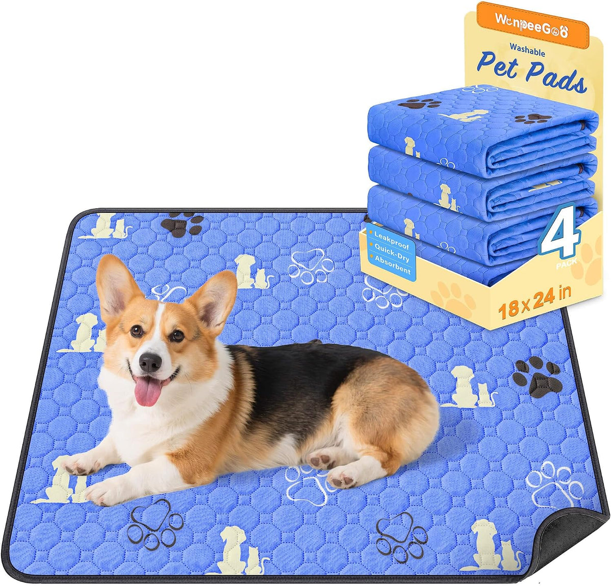 WanpeeGoo Washable Pee Pads for Dogs, Waterproof, 18 x 24 in, 4 Pack, Gray | Super Absorbent, Waterproof and Non-Slip; Washable, Reusable Dog Pads for Crates, Playpens, Floors, Furniture and Travel