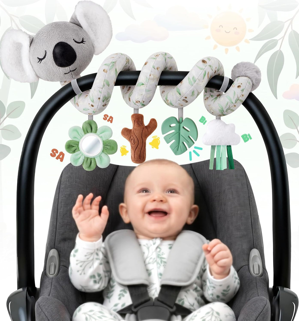 Spiral Car Seat Baby Toys 0-6 Months, Infant Carseat High Contrast Sensory Toys Hanging Stroller Accessories, Newborn Shower Gifts for Baby Boys Essentials Stuff, Cute Black and White Cow