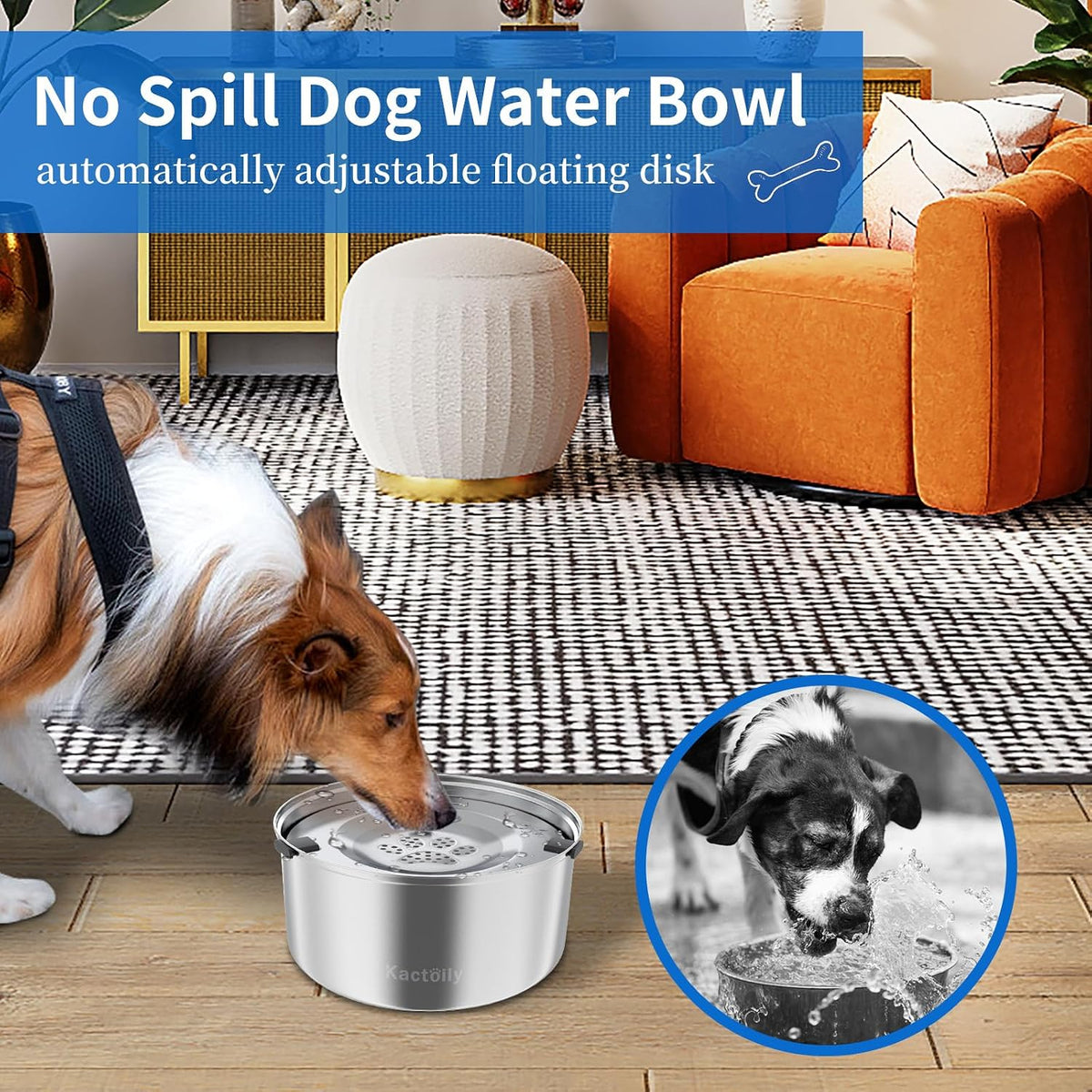 Kactoily 3L/101oz Dog Water Bowl Stainless Steel Slow Water Bowl for Dog | No-Spill Slow Drinking Water Bowl for Medium Large Dogs, Spill Proof Dog Water Bowl for Home, Vehicle and Travel Use