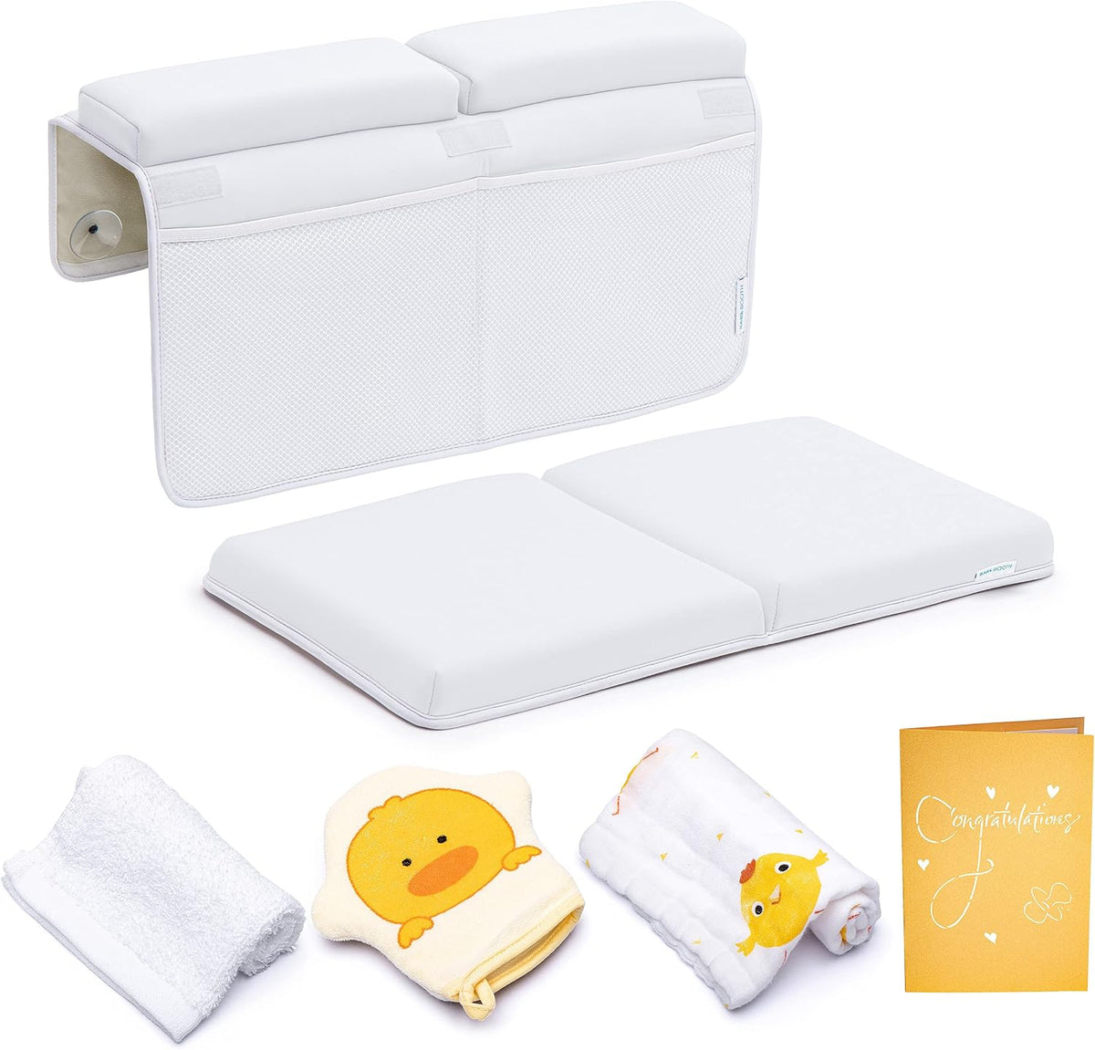 Bath Kneeler and Elbow Rest Pad, 1.75 inch Extra Thick Baby Bath Kneeling Mat and Elbow Pads for Bathtub. Bath Tub Cushions with Infant Toy and Baby Accessories Organizer, Grey