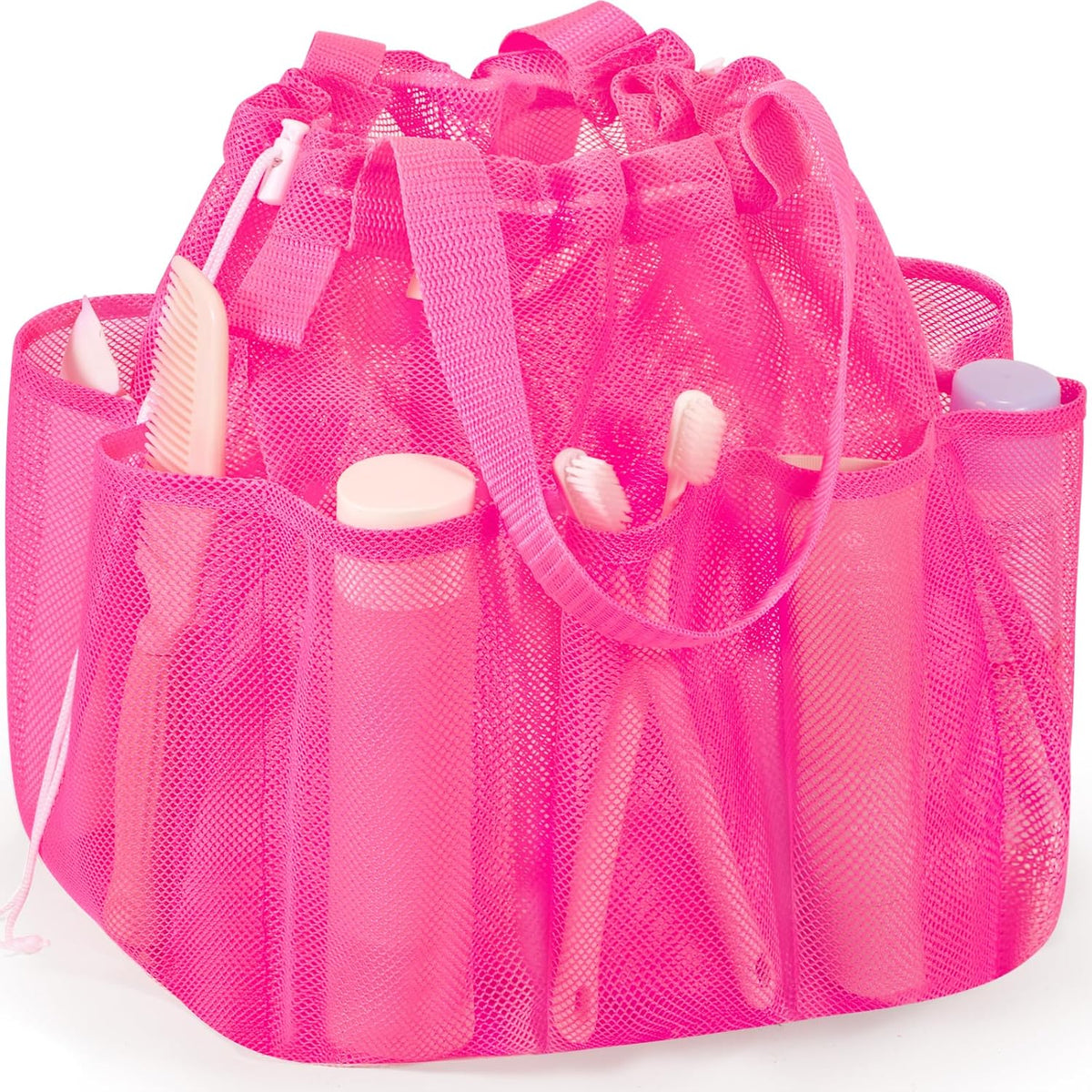 famichan Mesh Shower Caddy Portable with Drawstring, Dorm Room Essentials for College Students Girls, Large Shower Bag for Camping,Swimming,Gym,Travel,Bathroom - Pink