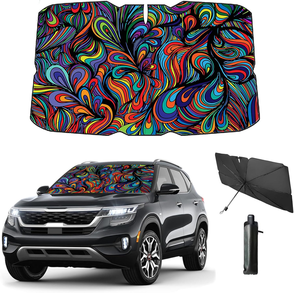 Windshield Sun Shade 2025 Car Accessories 100% Blackout Car Front Windsow Shades Umbrella Automotive Sun Visor Block Heat Insulation Protection (Black Eyes)