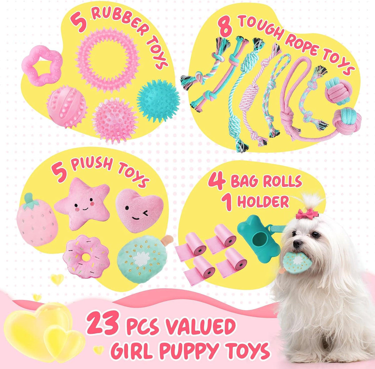 XIUGOAL Pink Puppy Toys for Boredom - 23 Pack Puppy Chew Toys for Teething, Interactive Dog Toys for Puppies, Cute Small Dog Toys with Treat Ball, Squeaky Dog Chew Toys and Ropes