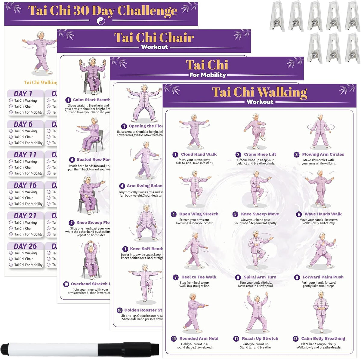 Tai Chi Workout Chart Poster Set for Seniors&Beginners,Purple,11.8X8.3inch