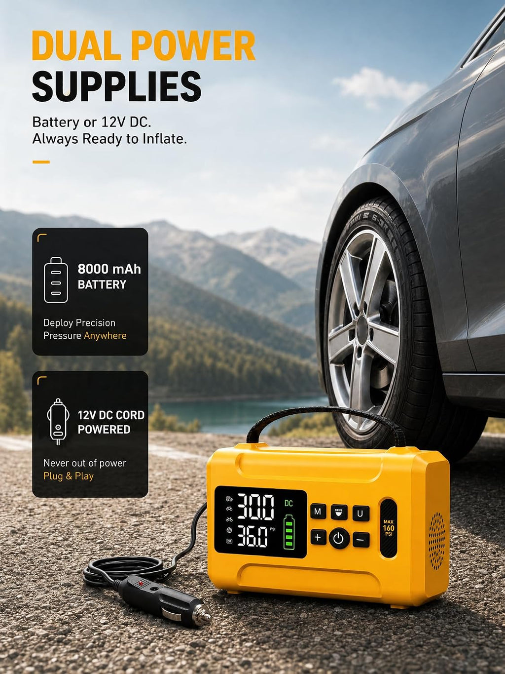 Tire Inflator Portable Air Compressor 160 PSI Air Pump for Car Tires 8000 mAh & 12V DC Powered Fast 30L/min, Digital Tire Pressure Gauge, LED Lights, 5 Modes Auto Shut-off (Yellow, 8000 mAh)