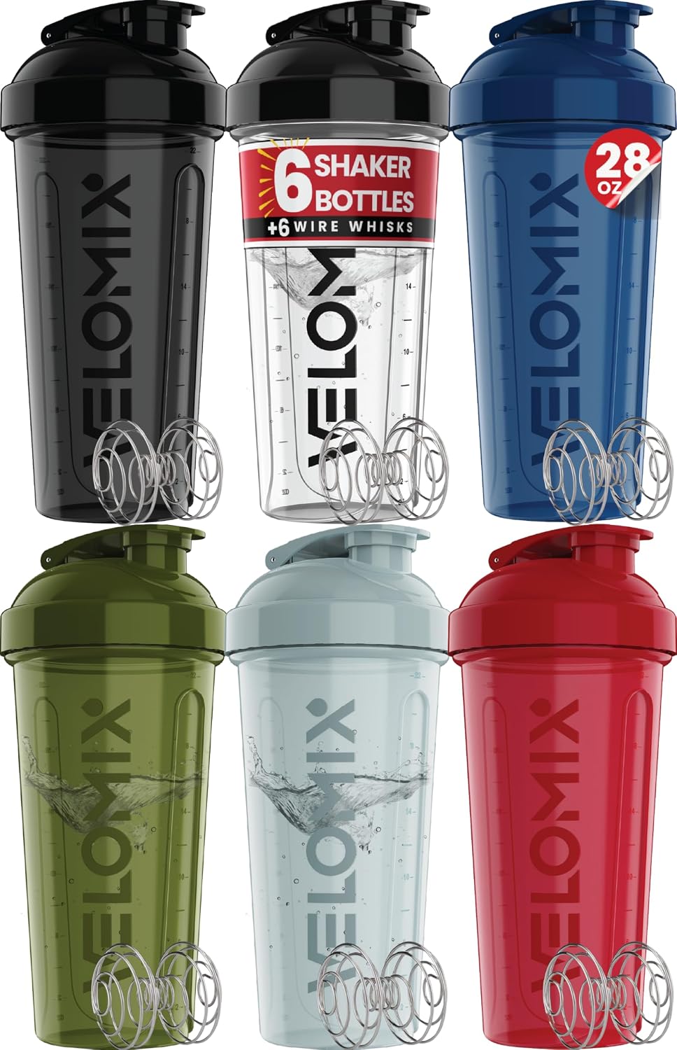 VELOMIX 6 Pack 28oz Shaker Cups for Protein Shakes, Blacks to Transparent