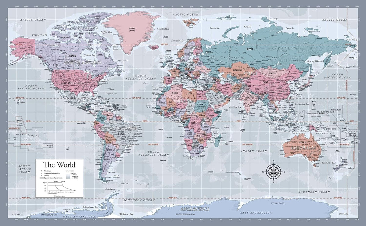 Laminated World Map Poster - Wall Chart Map of Earth - 18" x 29" (Blue)
