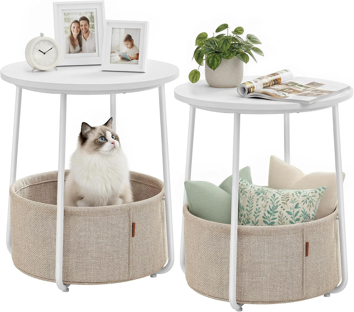 VASAGLE Small Round Side End Table, Small Nightstand with Fabric Basket