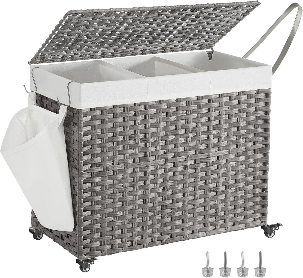 SONGMICS Rolling Laundry Hamper with Lid, 160 L 3-Section Synthetic Rattan