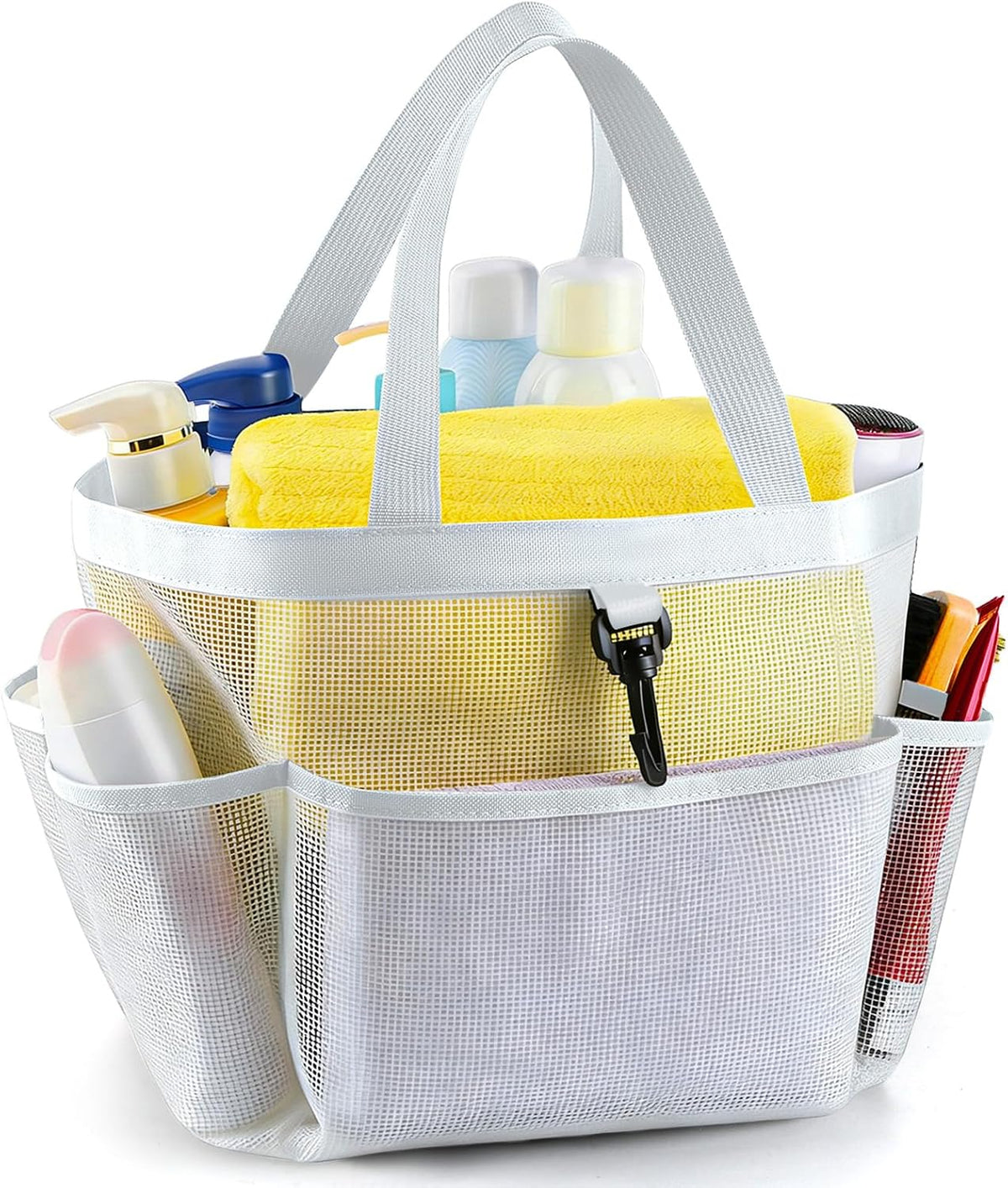 LOYEE Mesh Shower Caddy Portable for College Dorm Room Essentials with 8 Pockets, Shower Bag for Beach, Swimming, Gym, Travel, Bathroom(Black)