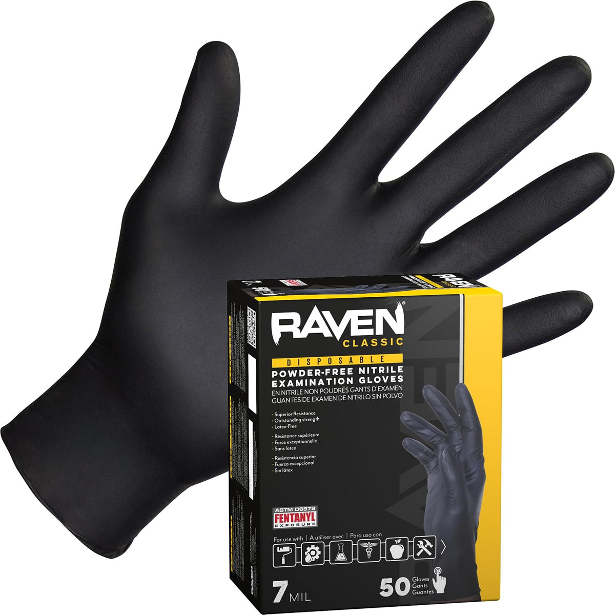 Raven Powder Free Nitrile Disposable Gloves | 7 Mil | Latex Free, Chemical + Puncture Resistant, Single Use |