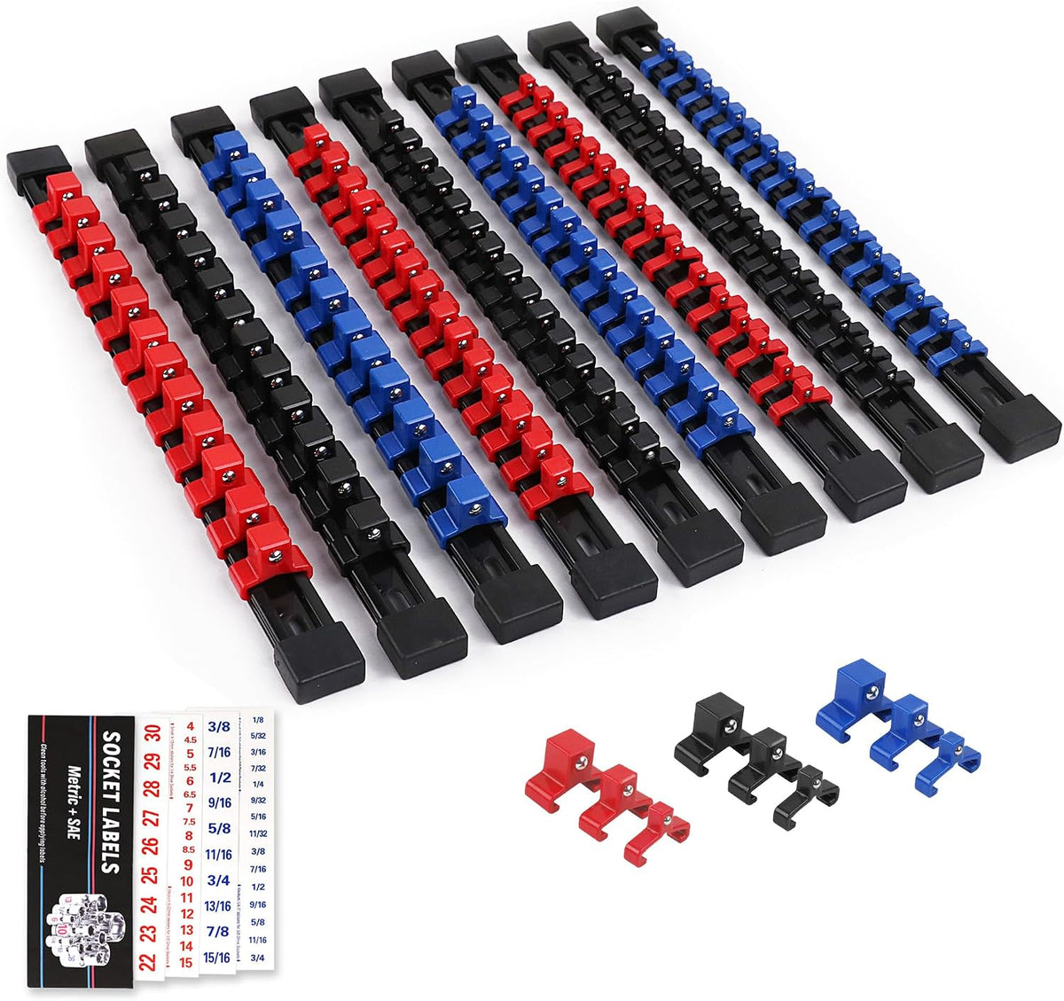 SWANLAKE Socket Organizer Set 18-Piece, 1/4-Inch x 96 Clips, 3/8-Inch x 90 Clips, 1/2-Inch x 72 Clips, Socket Organizer for Tool Box Drawer, Drive Socket Trays, Socket Holder Clip Rail