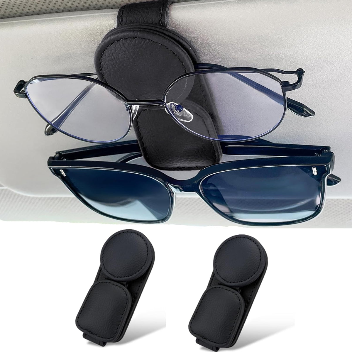 KIWEN Sunglasses Holder for Car Visor, Magnetic Leather Sunglass Eyeglass Hanger Clip for Car Sun Visor Accessories (1, Black)