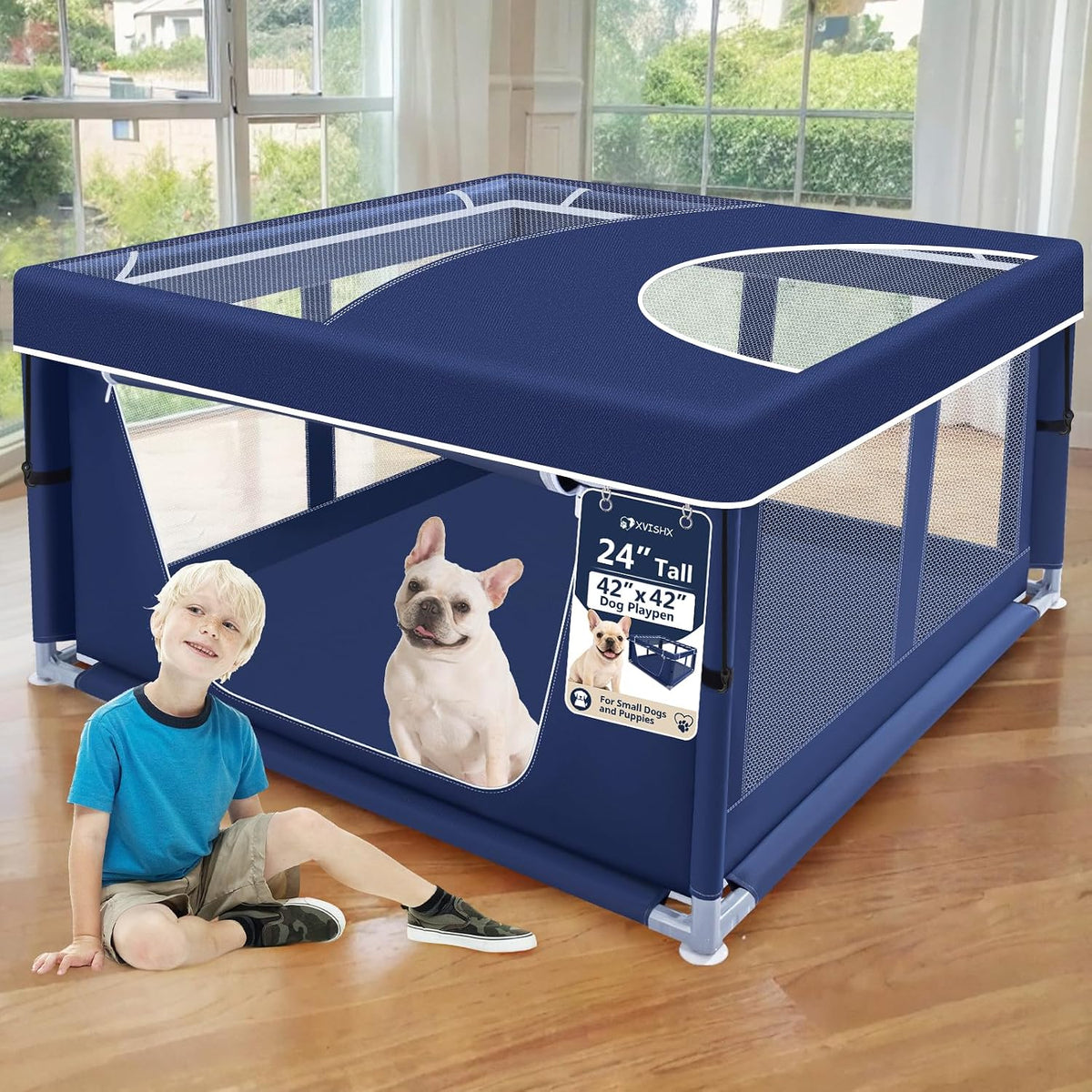 XVISHX 42x42 Inches Puppy Playpen with Gate, Dog Playpen for Puppies or Small Dogs, DogFence Pet Playpen for Indoor & Outdoor, Sturdy Safety DogPen with Thickened Fabric, High-Strength Nylon Wire Mesh