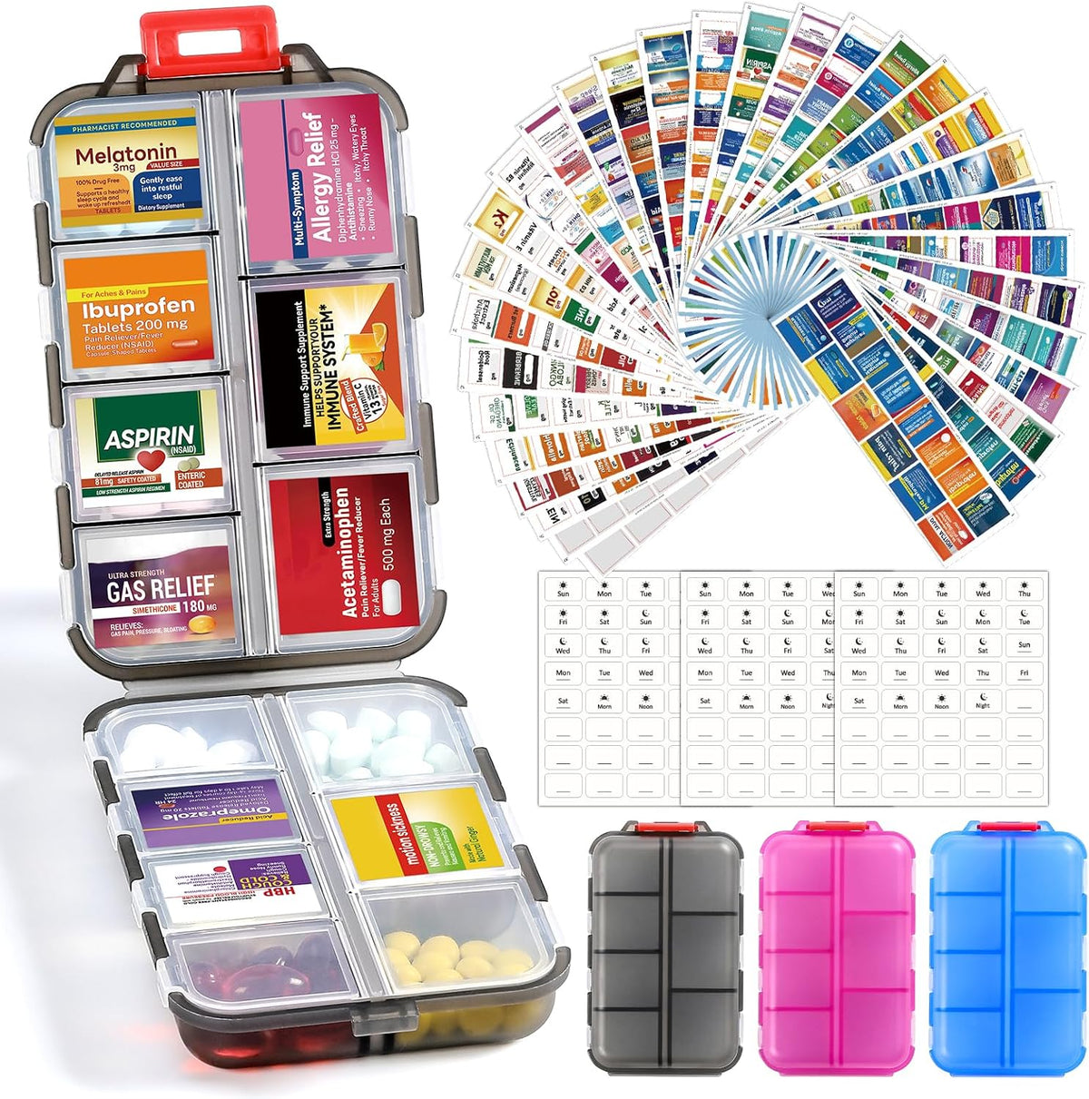 LANDNEOO 14 Grids Pill Organizer Box with Labels, Travel Medication Holder Dispenser Case Kit, Pocket Daily Pharmacy Container for Fish Oil Vitamin Supplement Storage, Khaki Pink Grey, 3 Pack