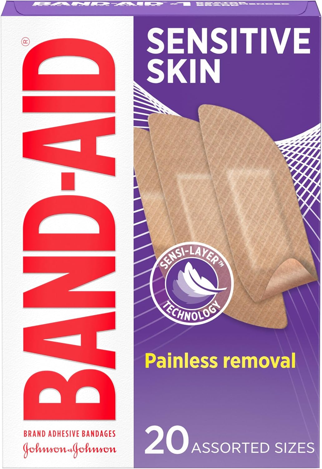 BAND-AID Brand Adhesive Bandages for Sensitive Skin, Assorted Sizes, 20 Ct