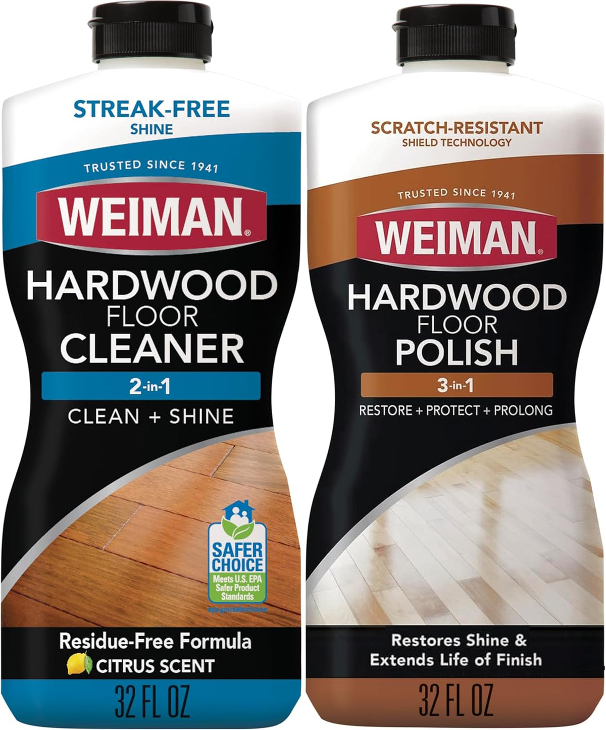 Weiman Wood Floor Polish and Restorer 32 Oz 3PC Bundle - High-Traffic Hardwood Floor, Natural Shine, Removes Scratches, Leaves Protective Layer