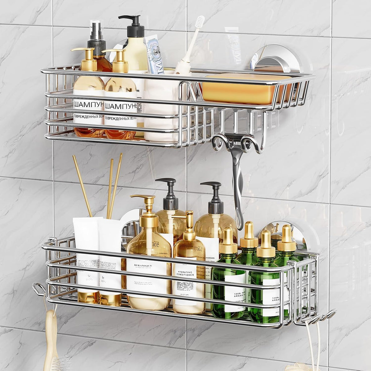 TAILI Shower Caddy Suction Cup 2 Pack with Hooks & Soap holder, Black