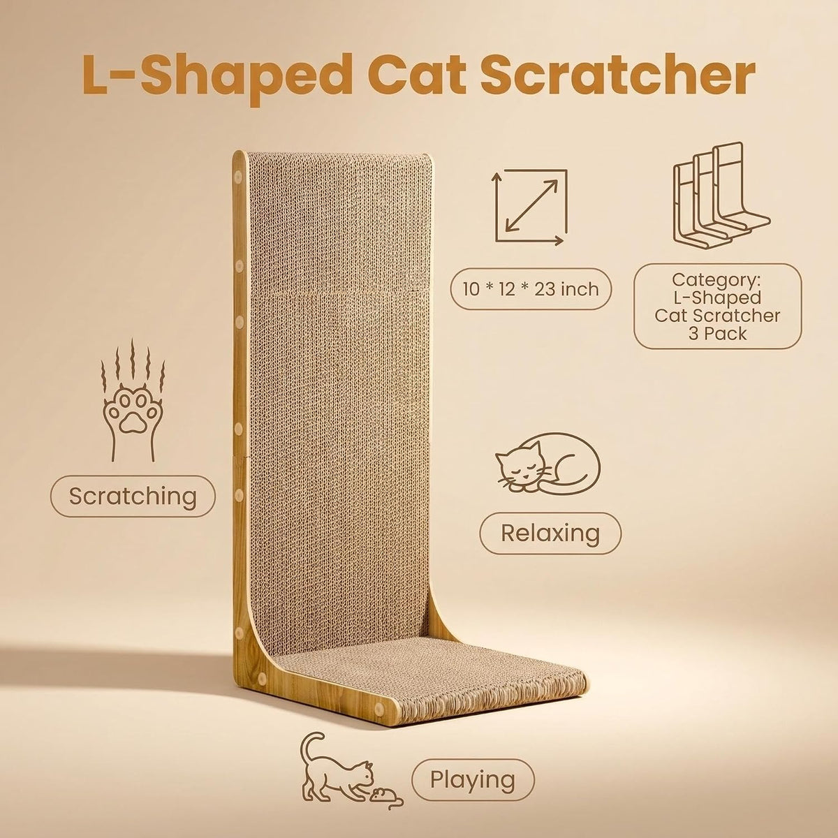 SMARTBEAN 3-Pack Cardboard Cat Scratcher for Indoor Cats, 23 Inch L Shaped Vertical Cat Scratching Post, Cat Scratching Board for Wall and Couch, Large