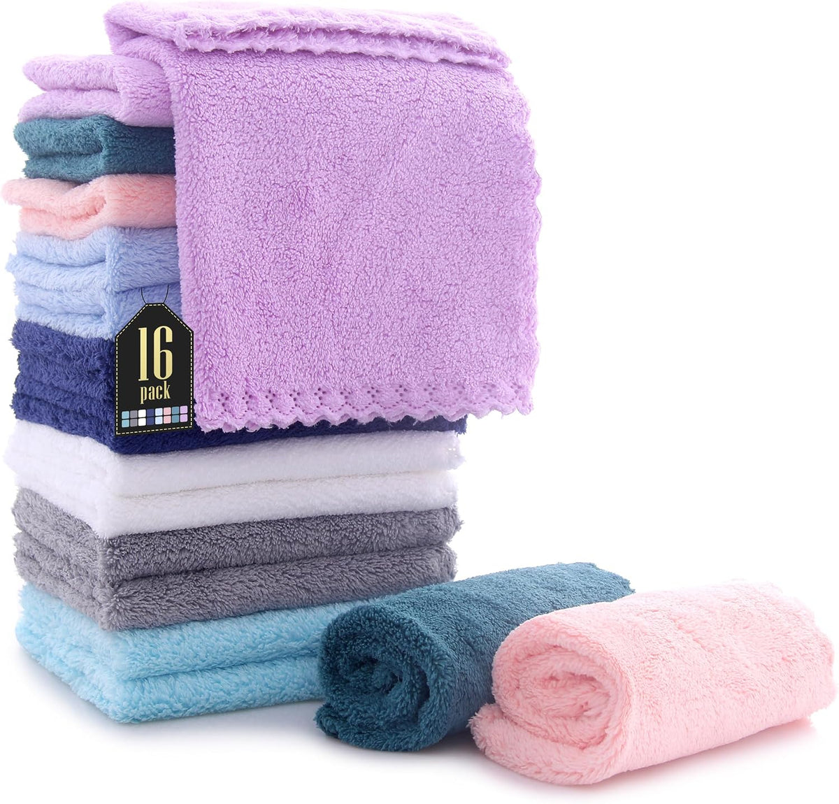 16 Pack Baby Washcloths - Luxury Multicolor Coral Fleece - Extra Absorbent and Soft Wash Clothes for Newborns, Infants and Toddlers - Suitable for Sensitive Skin and New Born - Baby Shower, 10x10 Inch